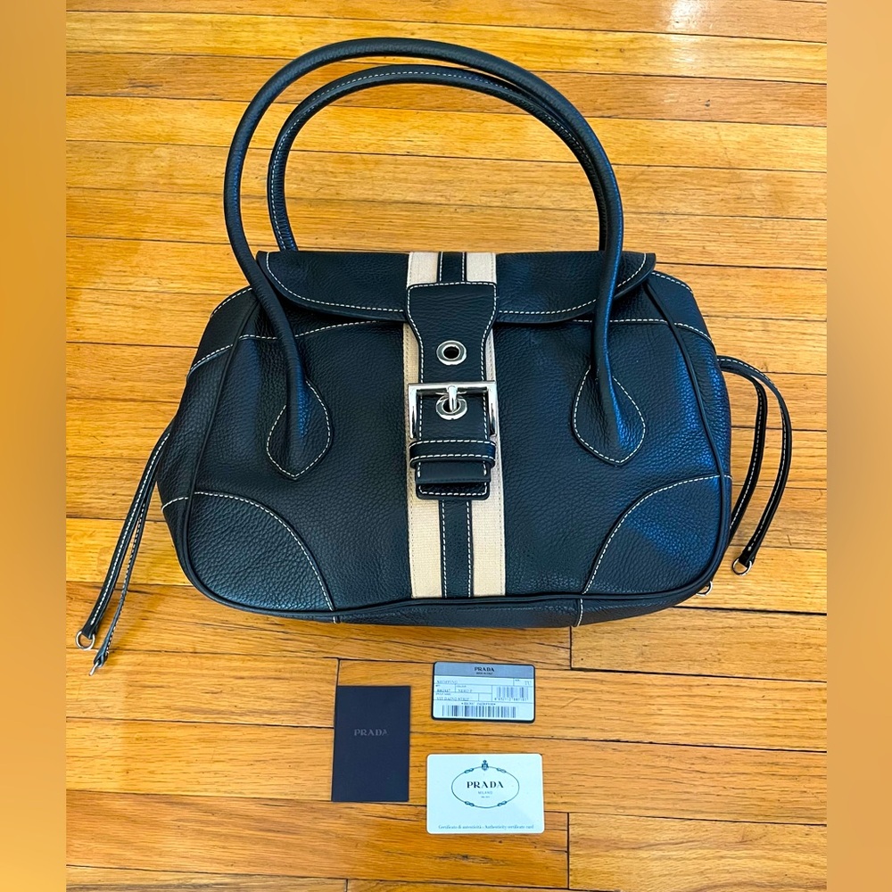 Authentic Prada Vitello Daino Stripe Black Shoulder Bag with Authenticity Card